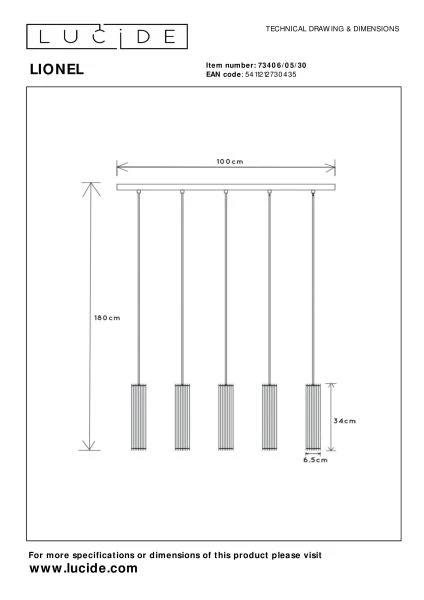 Lucide LIONEL - Hanglamp - 5xE27 - Zwart - technisch